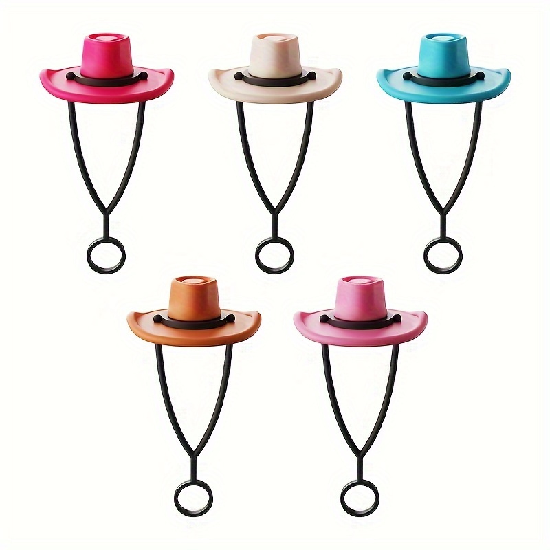 Image of 5pcs Cute Cowboy Hat Straw Toppers Set | Reusable, Dustproof Silicone Straw Covers For Parties & Outdoor Events, Perfect For Day, Mother's Day, Easter, Valentine's Day