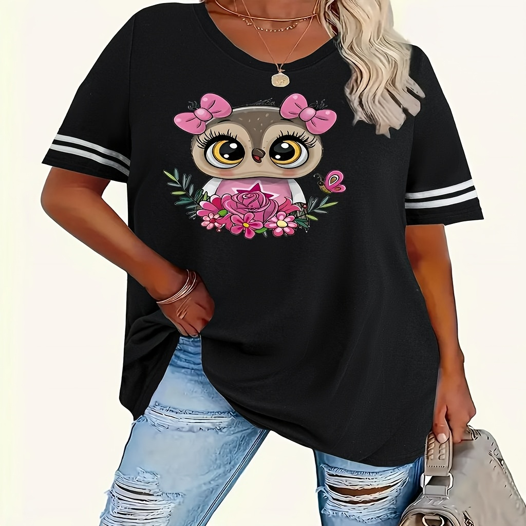 

Women's Plus Size With Cute Owl Cartoon Print, Short Sleeves & Striped Ribbed Neckline - Casual Polyester Top, Machine Washable, Sizes 1-8xl, Plus Size Tshirts