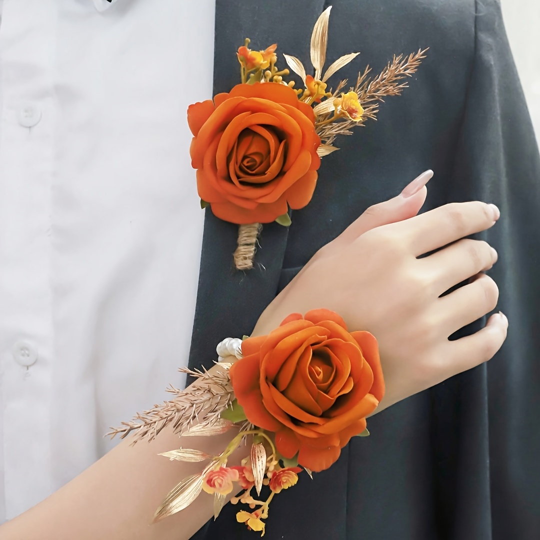 TEMU 2pcs Rose Flowers With And Orange 's Breath Small Flowers High-end Corsage And Wrist Flower Combination Set Suitable For And Brides Wedding