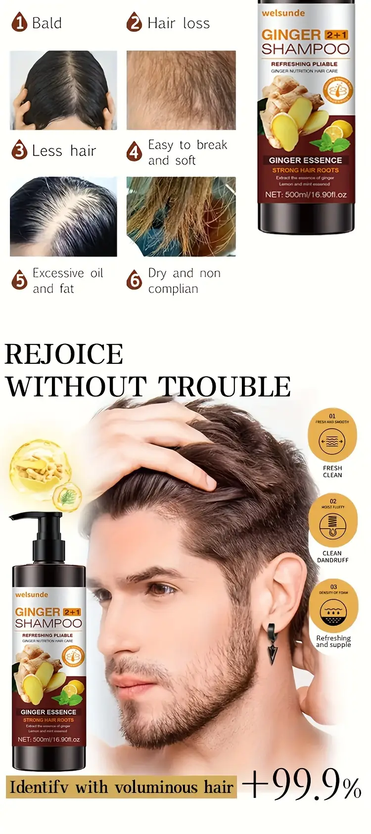 unisex adult 2 in 1 ginger shampoo and conditioner 500ml with plant based squalane moisturizing fine hair promotes smooth scalp hair with ginger details 2