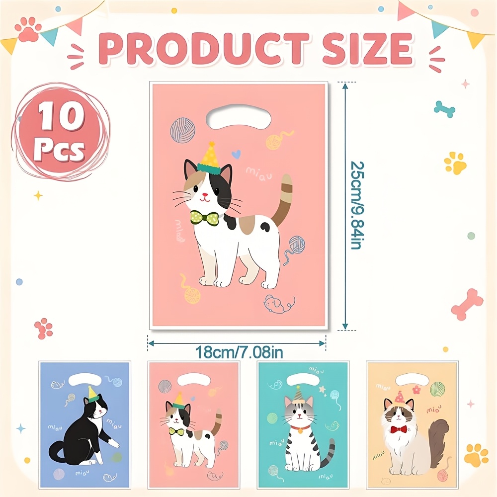 TEMU Lot de 10/ sacs cadeaux vintage pour fête d'anniversaire de chat, sacs de pour fête d'anniversaire de chaton avec poignée, sacs d'emballage