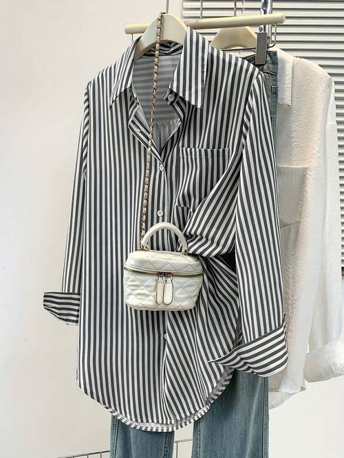 womens elegant striped button shirt with chest pocket long sleeve button up blouse for office casual attire vertical striation vertical stripes machine washable buttonshirt top no