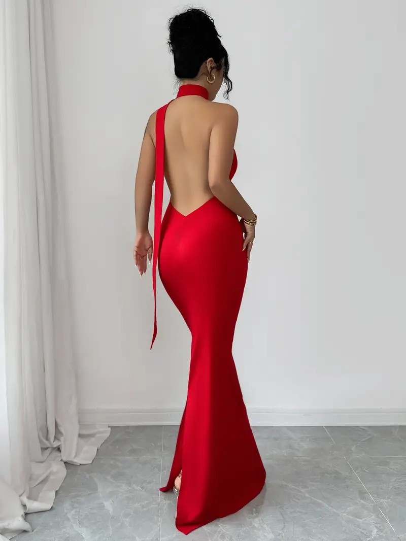 super backless dress Super Fairy, Red Chiffon Backless Dress, Lantern Sleeve Dress, Full-length Dress