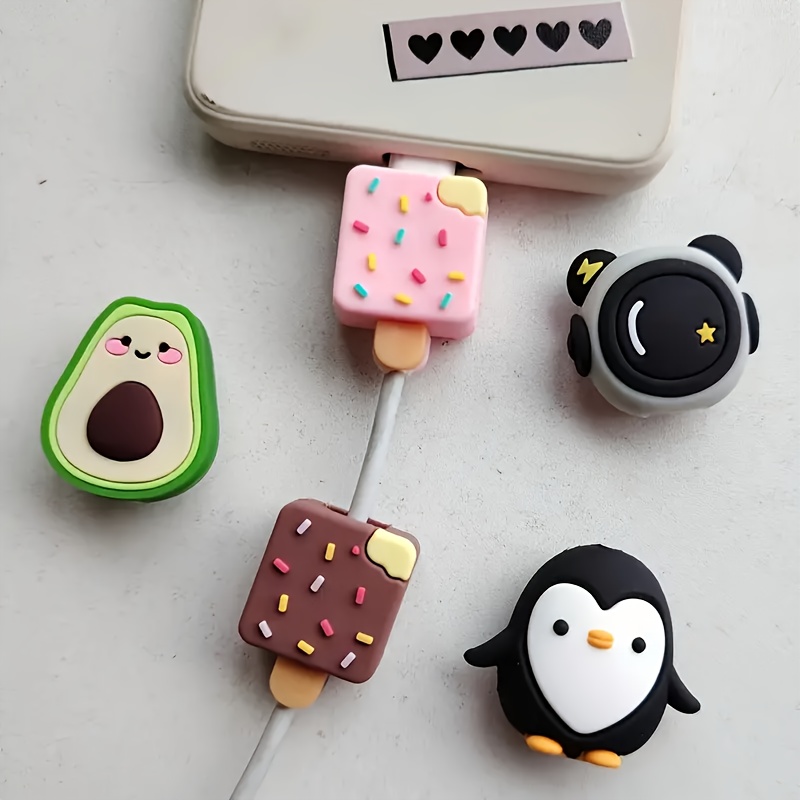 

A Set Of 5 Cute Animal Pattern Cable Protectors, Suitable For 18/20w Apple Charging Cables, To Your Phone's . A Fun And Adorable Gift Featuring Styles Like Ice Cream, Penguins, , And Avocados.