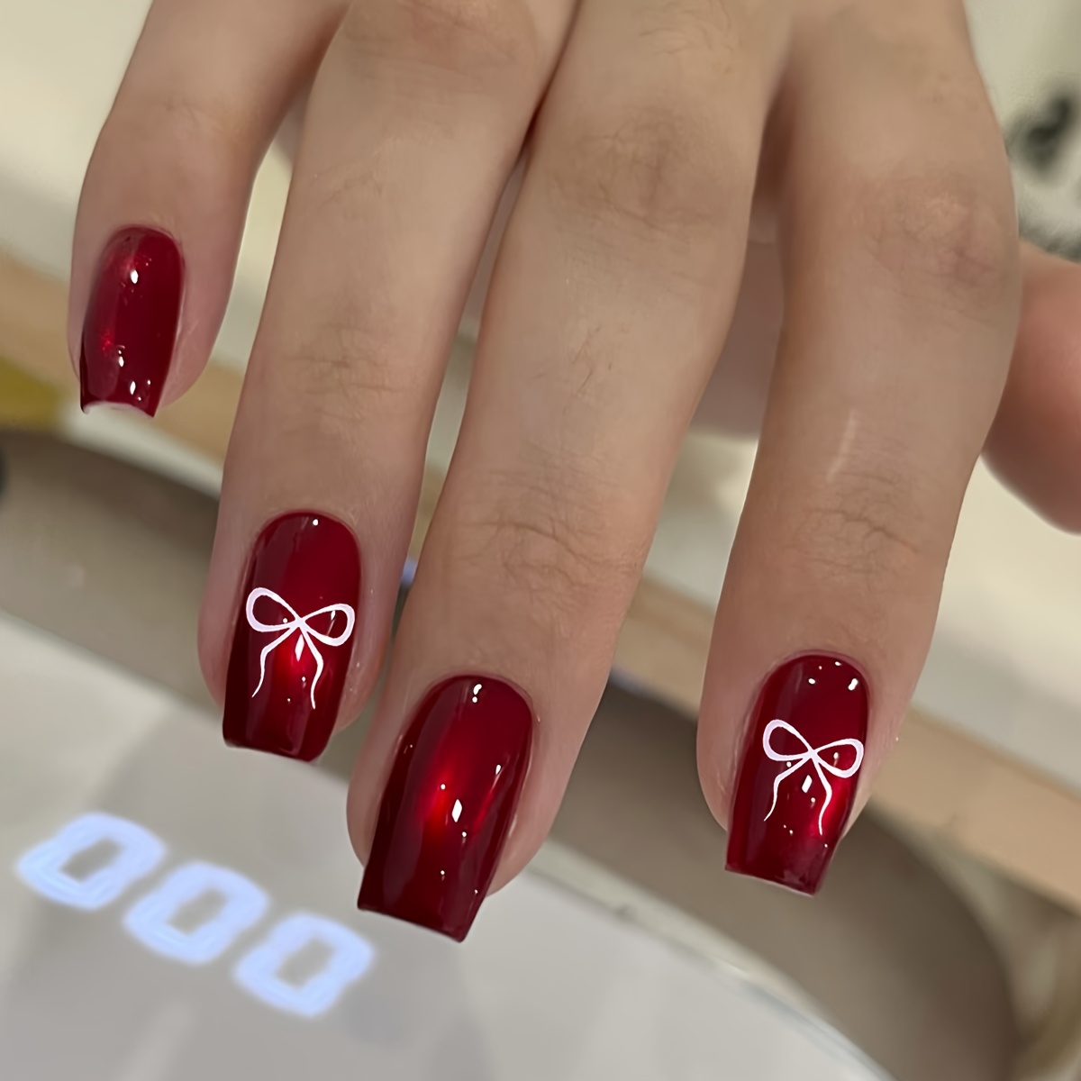 24pcs New Year's Red Square Nails Sparkling 's Ribbon Pattern Printed Gloss Full Coverage Press Acrylic Fake Nails Suitable For Ladies' New Year Gifts, Daily, Party, Ball, Nail Art Decoration