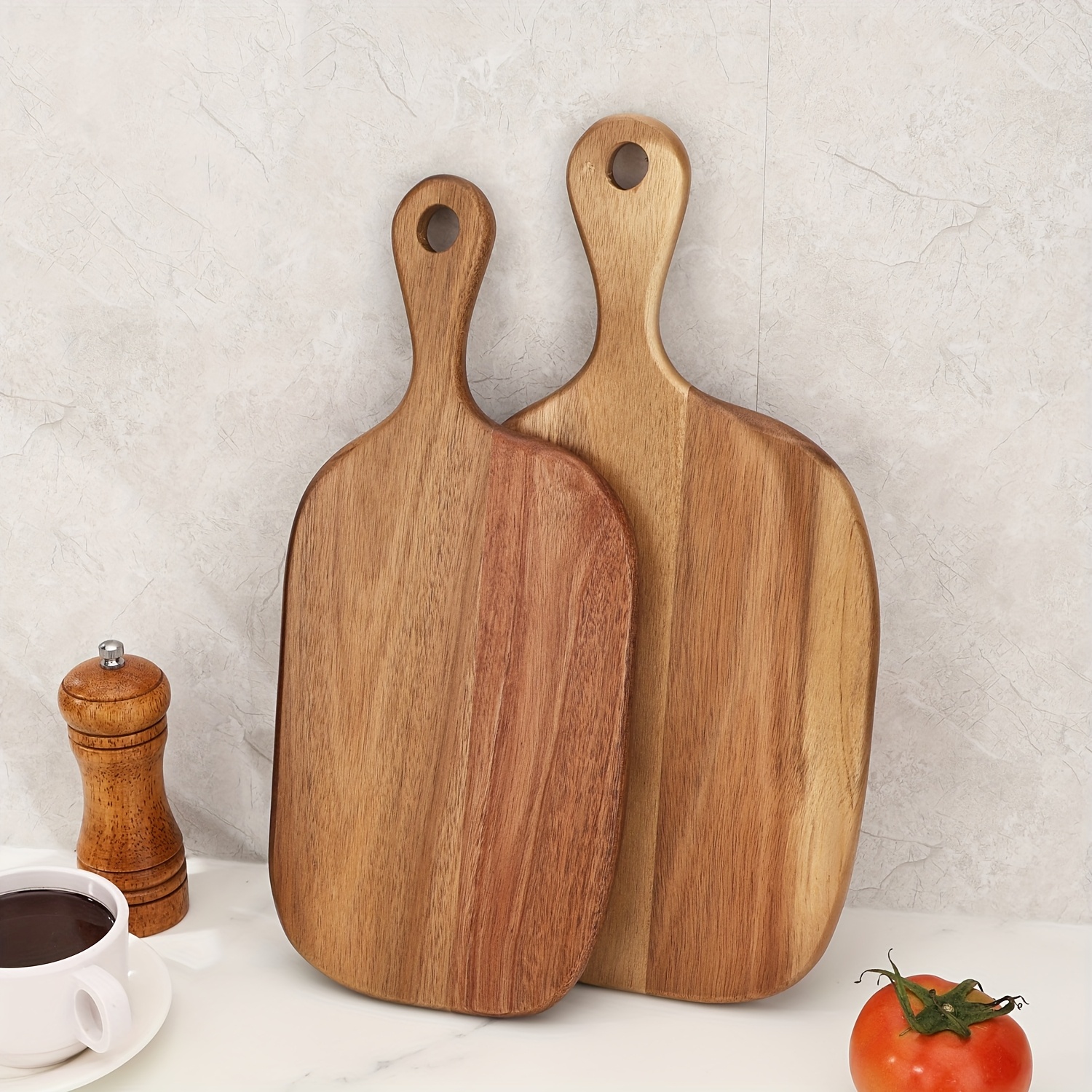 

: Small: 36*16*1.6cm. Large: 38*19*1.55cm. A Multifunctional Paddle-shaped Acacia Wood Cutting Board, Suitable For Chopping Vegetables, Serving Pizza, Steak, And Convenient For Camping.