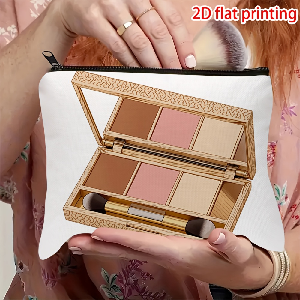 TEMU The Makeup Bag Features A Flat 2d Printed Showcasing A Color Palette With Brown, Pink, And Beige Pressed Powders, Along With A Brush. It Has A
