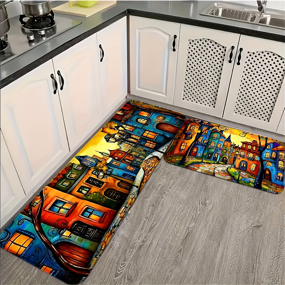 TEMU Oil Painting Style Street, European-style Architecture, Bright And Vivid. Oil Painting Floor Mats, Building Pattern Floor Mats, Universal Floor