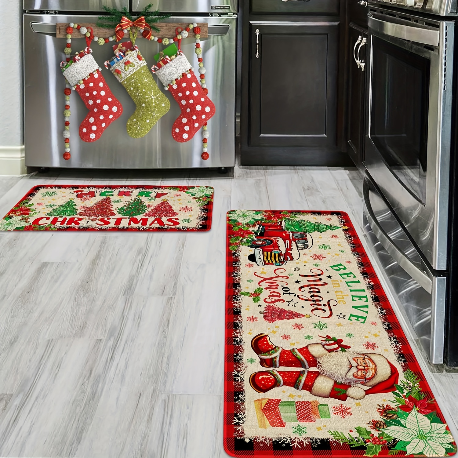 2pcs set christmas themed kitchen floor mats christmas kitchen rugs set of 2 santa claus farmhouse truck red   pattern christmas kitchen decor machine washable great for kitchen home office laundry room bathroom   christmas   flange 0 47 inch floor mat Product details 6
