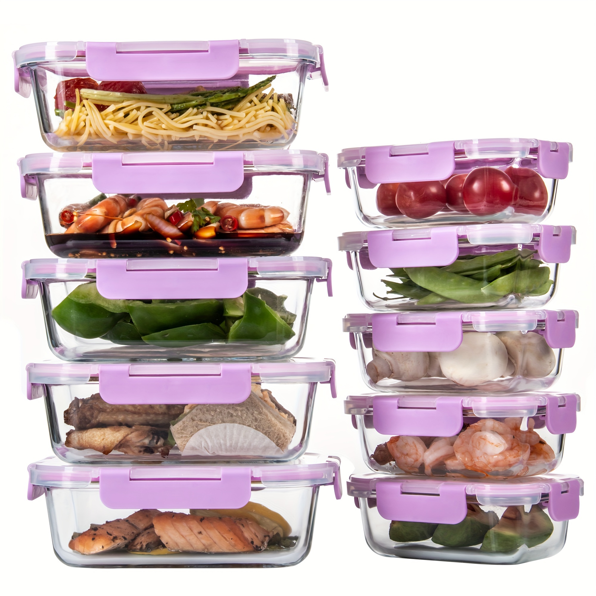 

[10-pack] High Borosilicate Glass Meal Prep Containers Set, Food Storage Containers With Airtight Leakproof Lids, For Home Kitchen Office Lunch, Light Purple