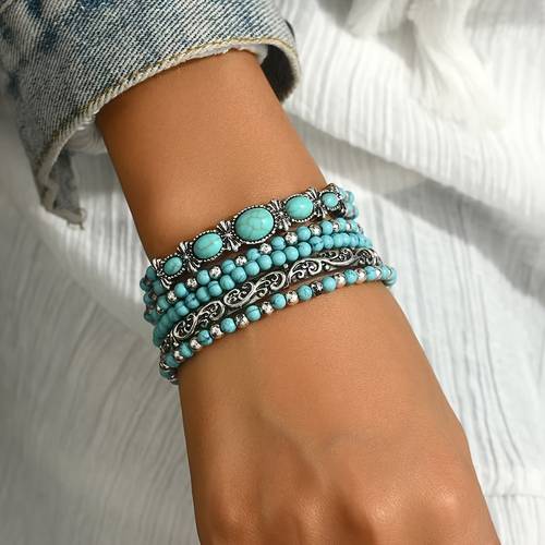 5pcs vintage western cowboy style acrylic bead bracelets suitable for womens vacation and daily wear