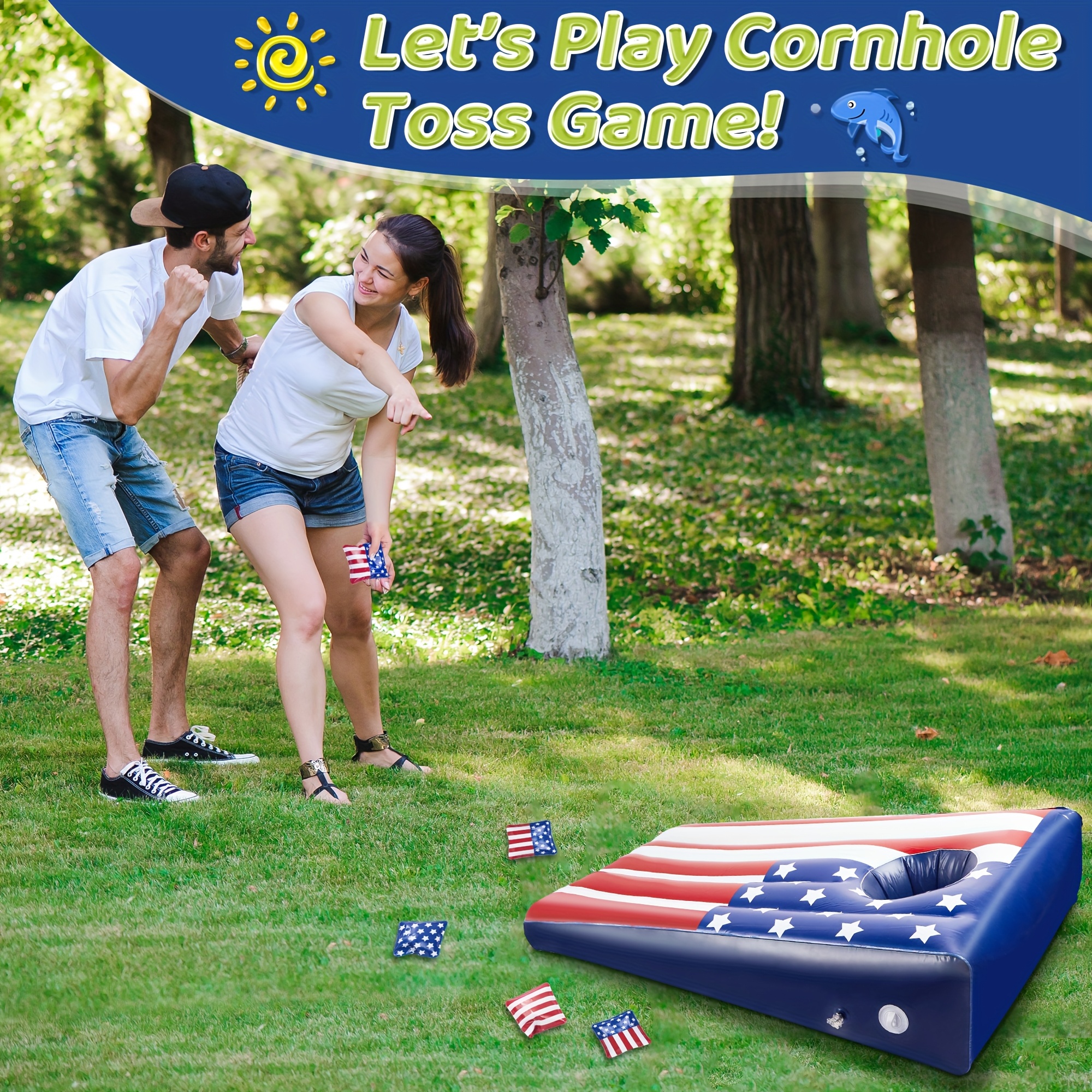 Pool Cornhole Inflatable Bean Bag Toss Game 2 Sets, Independence Day Swimming Pool Game for Teens, Adults and Family, American Flag Theme Water Floating Cornhole Toy with 8 Bean Bags for Party Packs