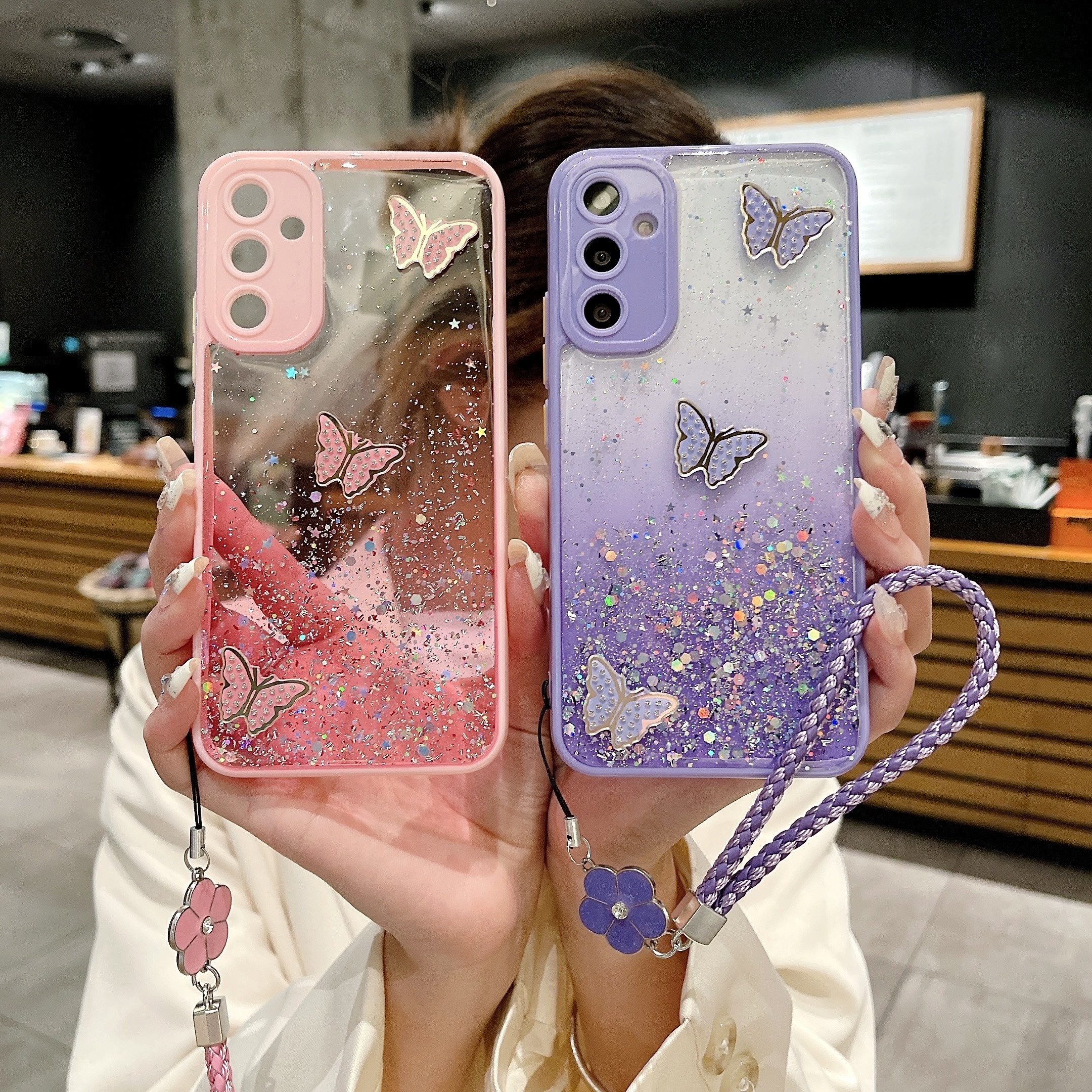 

Fashion Candy Color Series Sparkling Phone Case With Butterfly Graphic And With Hand Rope Phone Protective Case For Samsung Galaxy A14 A34 A54