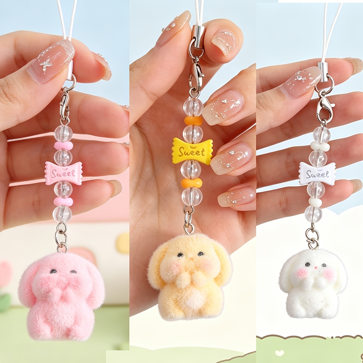 TEMU 3pcs Colorful Beaded Bunny Pendant Phone Charm, Earphone Case, Camera, Phone, Handbag Accessory, Gift For , Family, Birthdays, Christmas, New