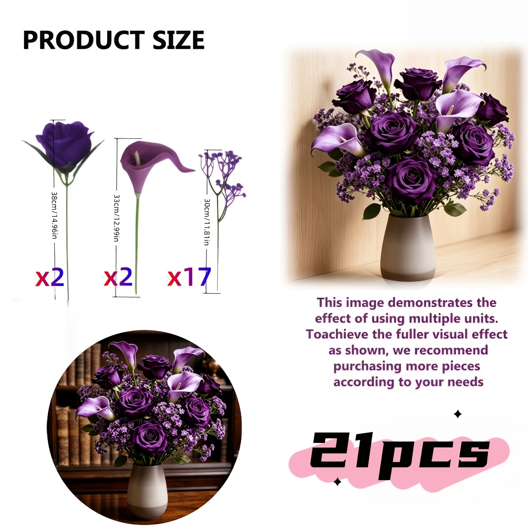 TEMU 21pcs Realistic Purple Bouquet Of Purple Roses With Lily Of The Valley And 's Breath Mixed Artificial Flowers, Wedding Bouquet, Ideal For Indoor