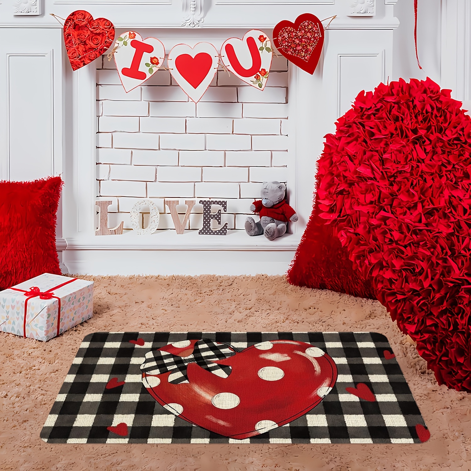 

Valentine's Day Dot Love Door Mat - Non-slip, Easy Clean, Stain Resistant, Machine Washable, 0.47inch Absorbent Mat For Bathroom, Living Room, Bedroom, Kitchen, Office - Polyester 100%