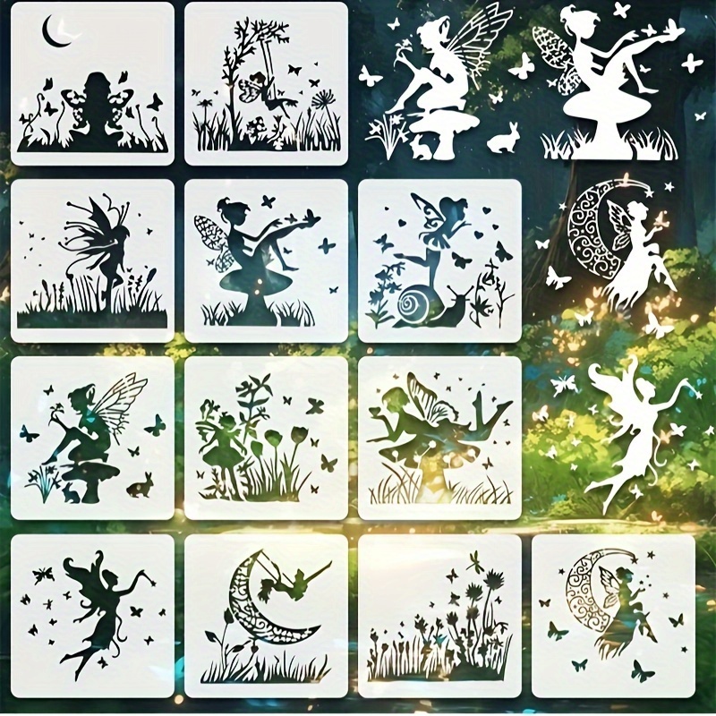 

12pcs Reusable Flower Fairy Stencils For Diy Crafts, Scrapbooking & Wood Painting - Plastic Art Templates