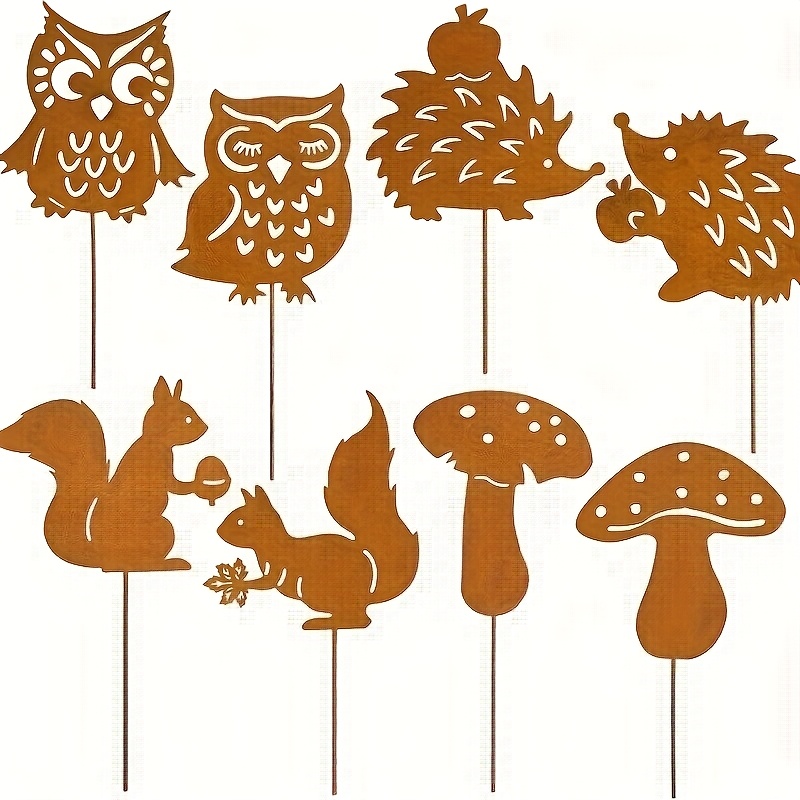 8pcs Set Of Rustic Metal Owl, Mushroom, Squirrel, And Hedgehog Garden Stakes For Indoor Pots, Patio, Outdoor Yard, And Garden Decor