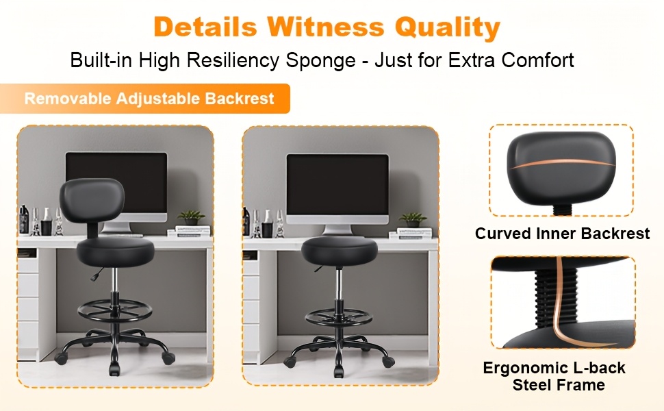 KERDOM Adjustable Height Drafting Chair with Removable Backrest & Quiet-Rolling Wheels - 300 lbs Capacity PU Leather Swivel Stool, Ergonomic Metal Frame for Office, Studio, Clinic, Kitchen, Salon (Black), Ergonomic Chair, Studio Seating, Professional Seating, Premium Materials, Heightadjustable Stool, Office Professionals, Standing Desk Stool, Sleek Design, Durable Construction, Rolling Stool, Kitchen Stool