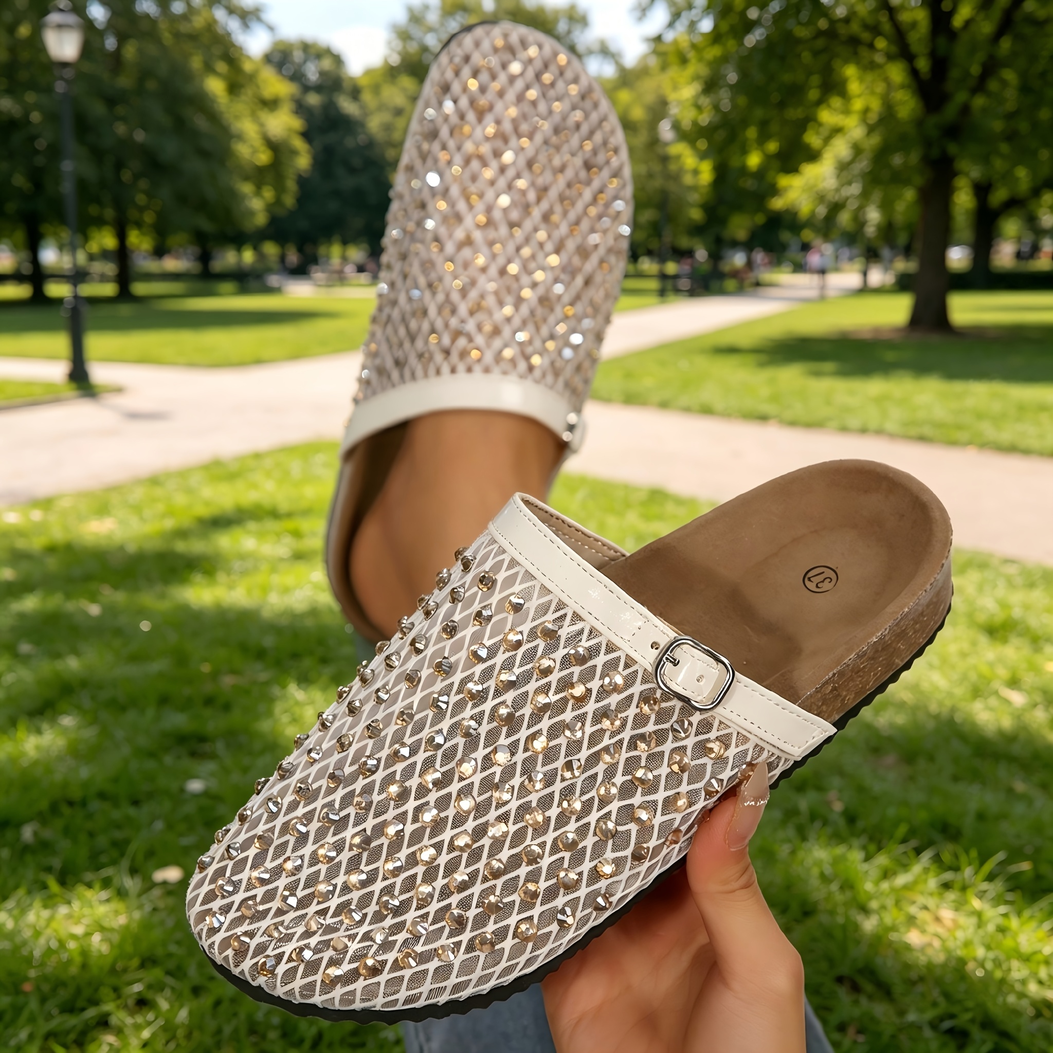 TEMU Women's Slippers, Elegant And Fashionable With Rhinestone Decoration, Comfortable And Breathable Upper With Strap, Flat Sole Slippers Suitable