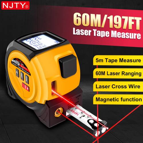 item picture in 1 yellow laser tape measure cjy007 5m 16ft tape with 40m 131ft 60m 197ft laser magnetic tape head cross laser data storage multiple length distance area volume 2 aaa batteries batteries not included