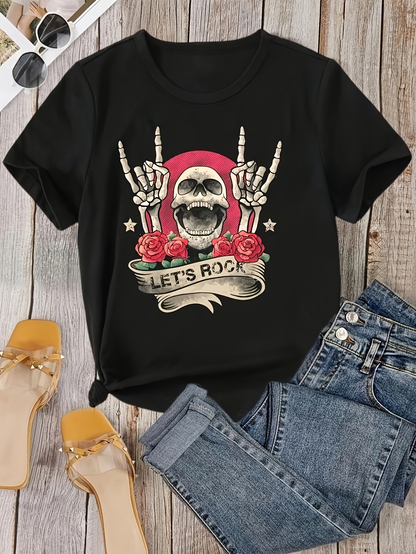 t shirt noir femme crâne roses rock tee vintage Temu Belgium