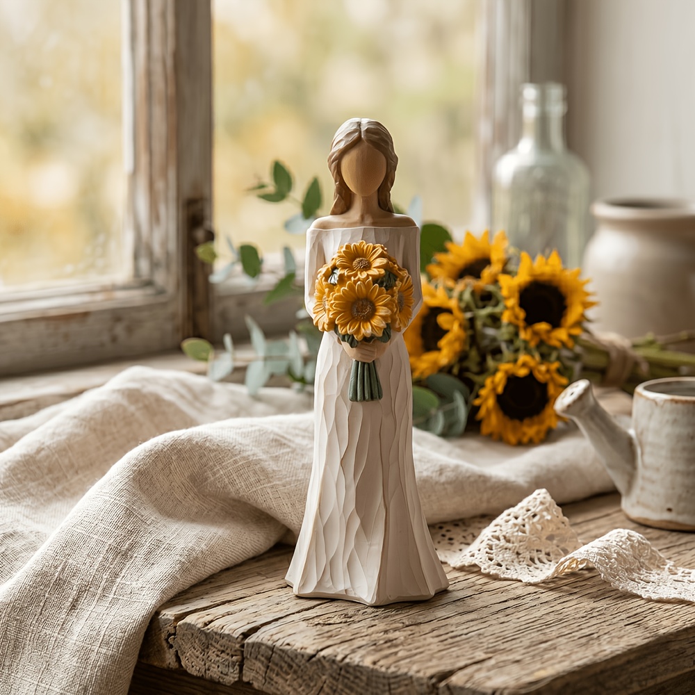 TEMU Exquisite Resin Figurine Statue, Holding Sunflower Bouquet Ornament, Hand-painted Desktop Decor, Perfect Gift For Women, , Mother, Elegant