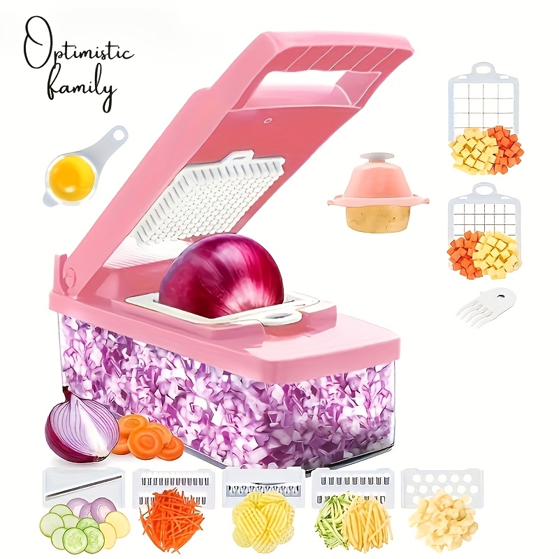 Pink Vegetable Chopper and Fruit Slicer Set of 1 - Multifunctional Kitchen Gadget, with Replaceable Blades, Stainless Steel Material, Manual Operation, Includes Container