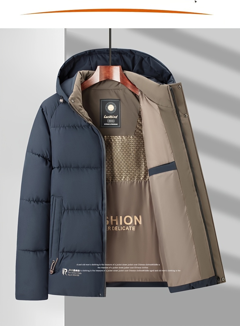 Chaqueta de Invierno para Hombre - Abrigo con Capucha y Cremallera, Dos Tonos Beige/Marrón, Tela No Elástica para Clima Frío, Uso Diario y Exterior - Recomendado Subir una Talla, Protección contra el Frío, Moda Invernal en Poliéster