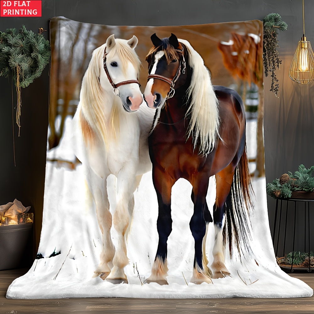 TEMU 1pc Horses In Pair Printed Outdoor Blanket - Lightweight Flannel Used For Camping, Picnic, Hiking, , Airplane, Bedroom, Office, Chair - Digital