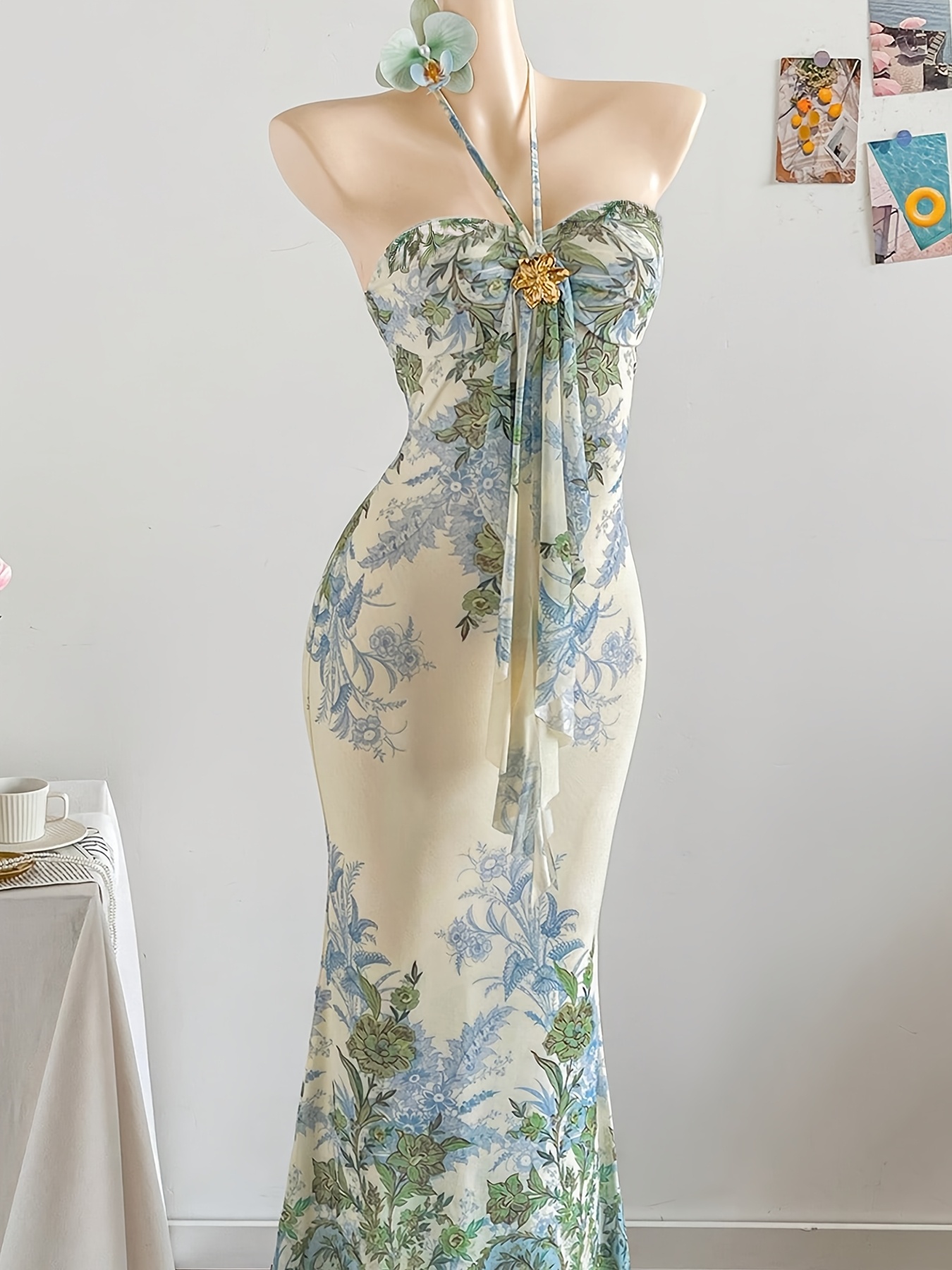 Women'S Holiday * Mesh Print Embellished Romantic Fitted Lace-Up Metal *  Embellished Fishtail Maxi Dress, Suitable for Parties, Dates, Afternoon Tea  * Elegant Maxi Dress, Beach Vacation, Summer ...