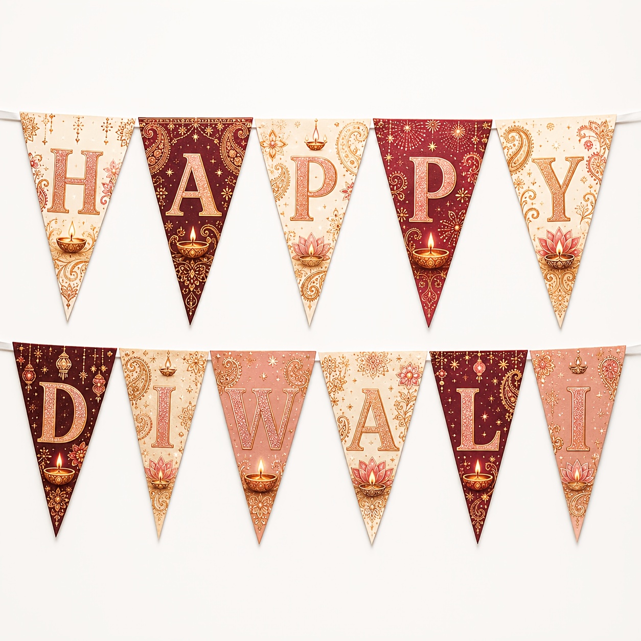 TEMU 1 Set Diwali Retro Warm Pink Golden Letter Triangular Banners, Paisley Floral Lamp Pattern, Festive Party Wall Atmosphere Decor Pennant Banner