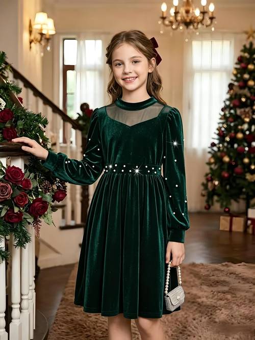 girls velvet long sleeve dress elegant a line midi party gown with pearl accents suitable for autumn and winter ideal for prom christmas birthday parties and special occasions