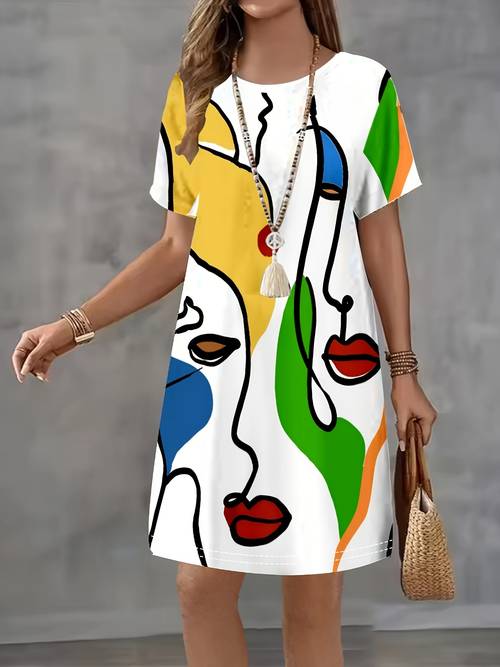 womens casual art print dress vibrant abstract short sleeve loose fit round neck polyester summer mini dress street style cute dress
