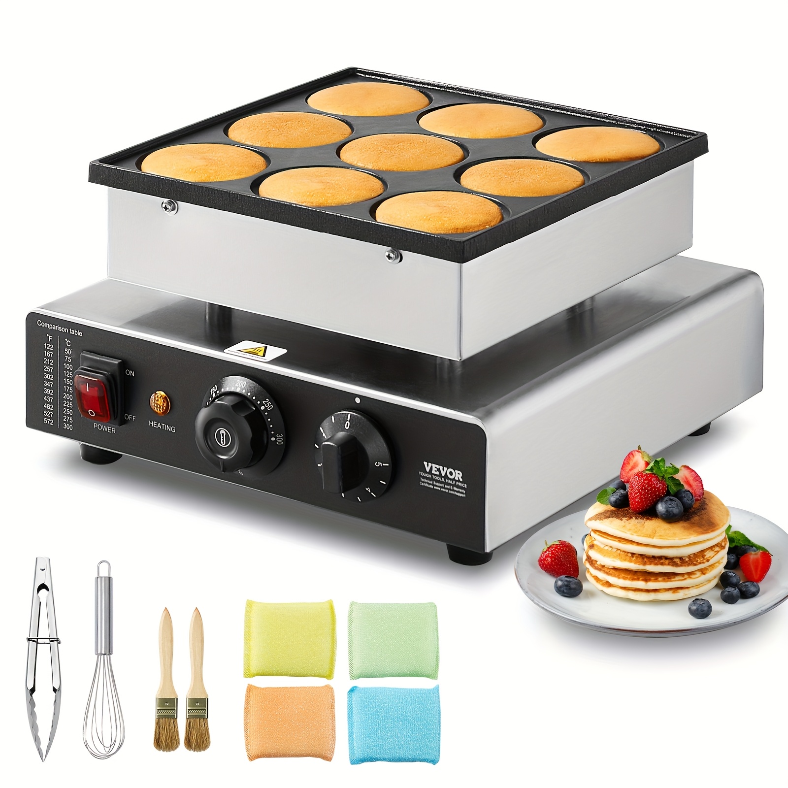 dutch pancake maker 9pcs 76mm diameter   baker machine 850w   poffertjes grill non stick stainless steel temperature and time contro Product details 1