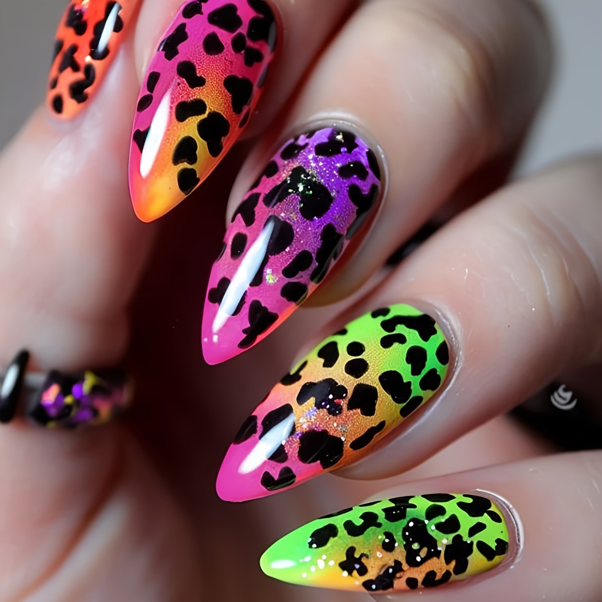 

24 Pieces Boxed False Nails: Press On Nails With Rainbow Gradient Leopard Print Design - Medium Length, Almond Shape, Glossy Finish, Animal Print, 1 Minute Nail Tip Application