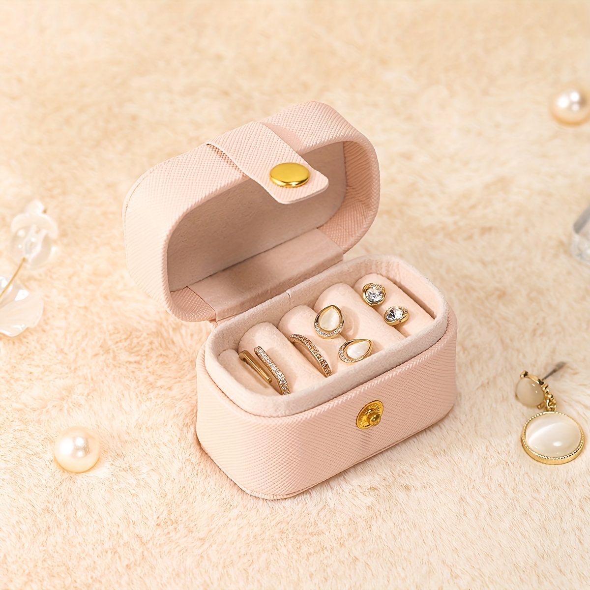 TEMU [] Elegant Leather Jewelry Box For Women - Portable Organizer With Golden Clasp For Rings & Earrings, Ideal For Travel & Gift Packaging, Other (jewelry Boxes & Organizers)