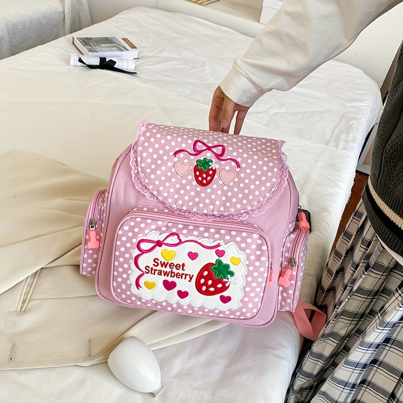 1pc Cute Embroidered Fruit Strawberry Lace Backpack, Student School Bag, 1pc cute embroidered fruit strawberry lace backpack students  main image 3