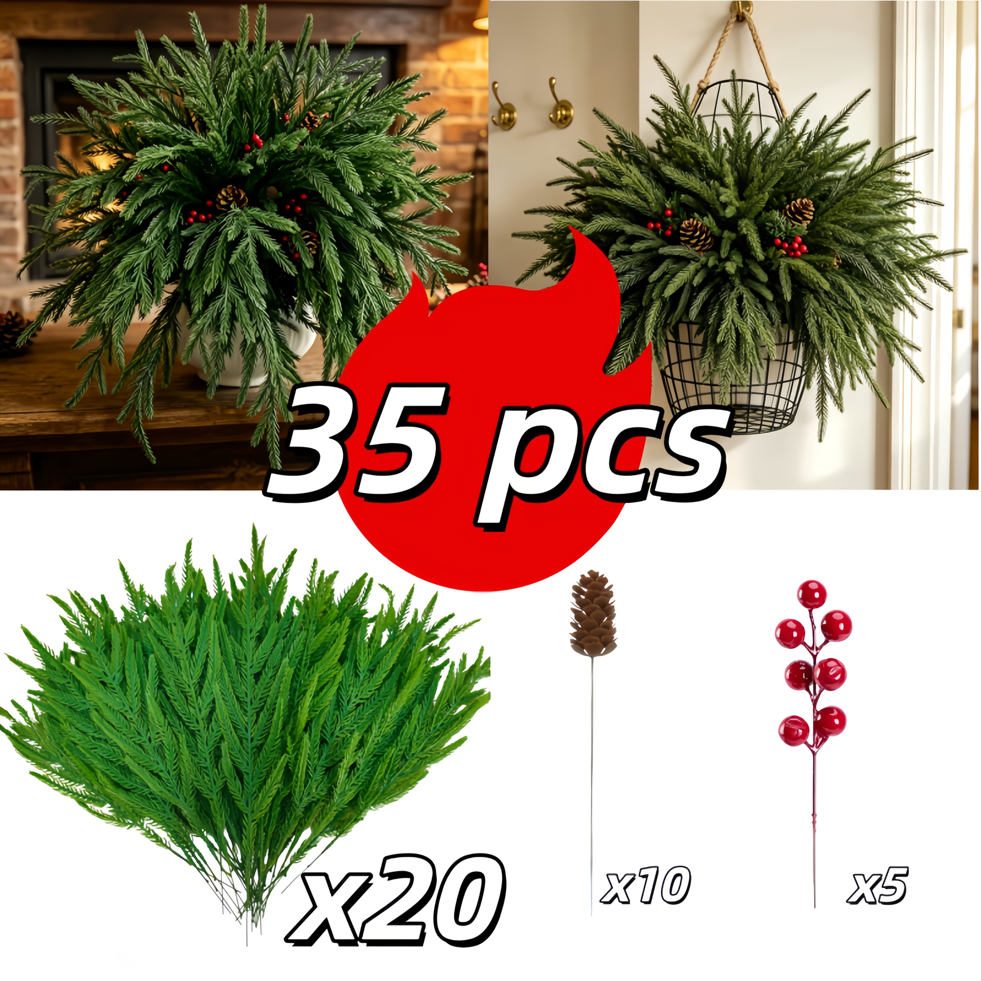 TEMU Lot de 35 pièces de artificielles de pin de Norfolk avec , verdure de Noël de 14,37 pouces, tiges de pin de Norfolk, fausses d'aiguilles de pin