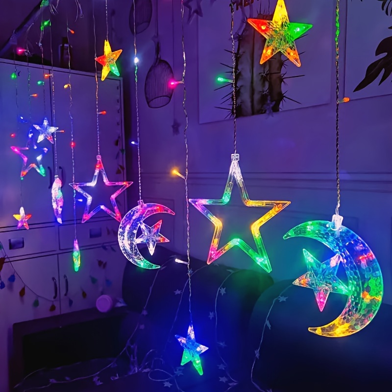 A Warm Light/Colorful Light LED Curtain Light from The And Star Series, Featuring a 3-Meter Adjustable Mode for Ramadan, Eid Celebrations, Weddings, Valentine'S Day Parties, And Home Decoration