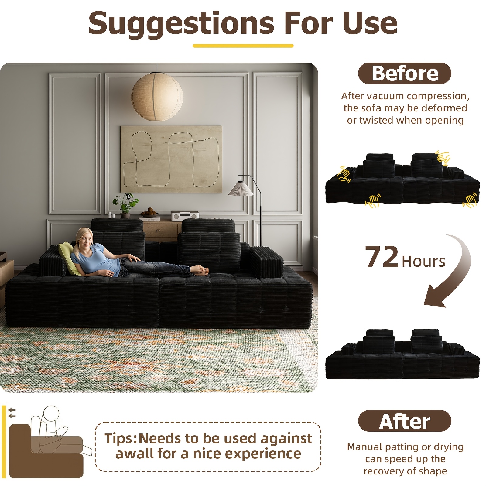 L Couch Sofa Sectional for Sofa Living Room Convertible Couch Bed with Deep Seats Lounge Chairs, Corduroy, Boneless Sectional Couches, Living Room/Bedroom - Modular Living Room Furniture Set Ideal Multifunctional Couch - No Assembly Required (Black