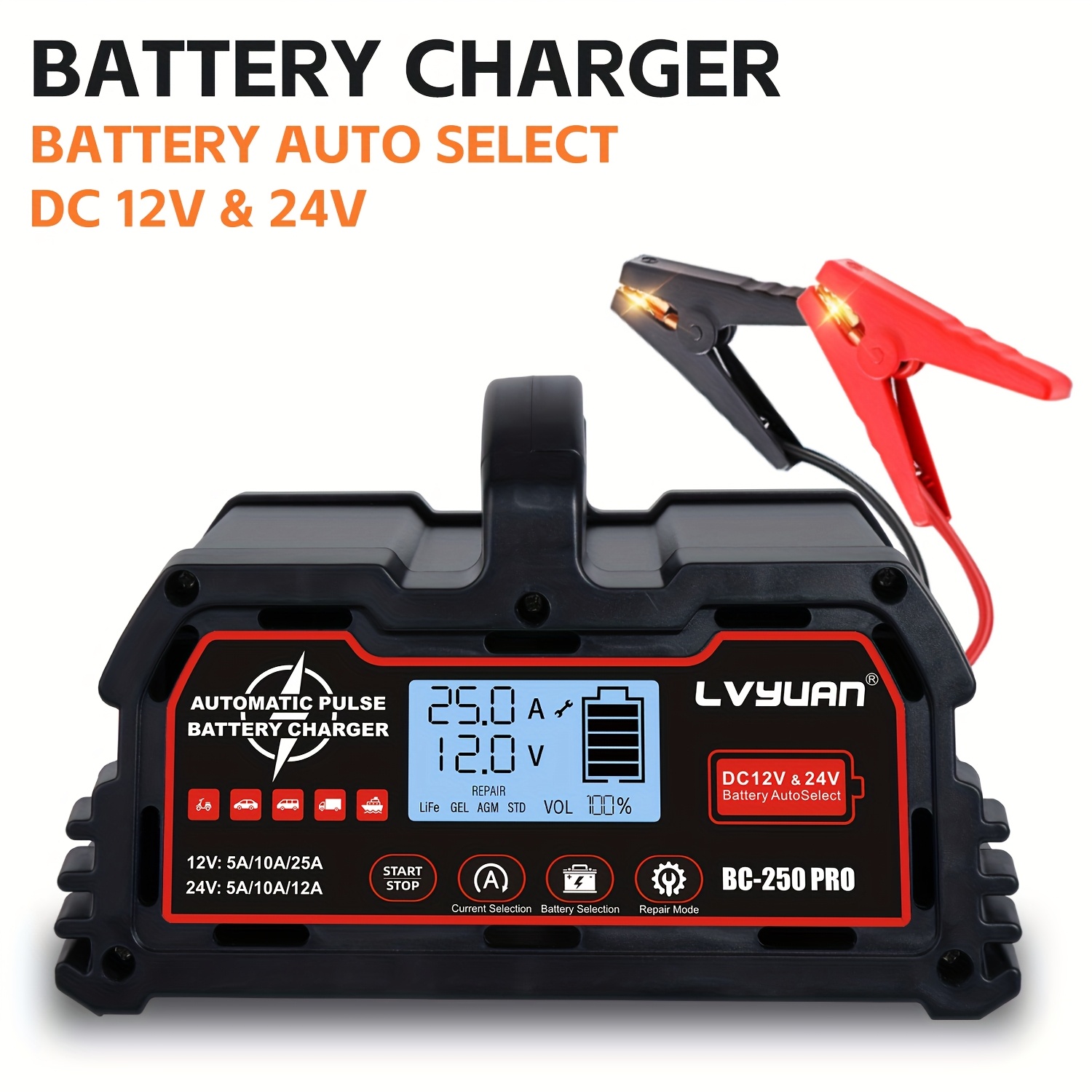 LVYUAN 25A Pametni polnilnik za avtomobilske akumulatorje, 12V LiFePO4, 12V/24V polnilnik za svinčeno-kislinske akumulatorje, z LCD zaslonom,