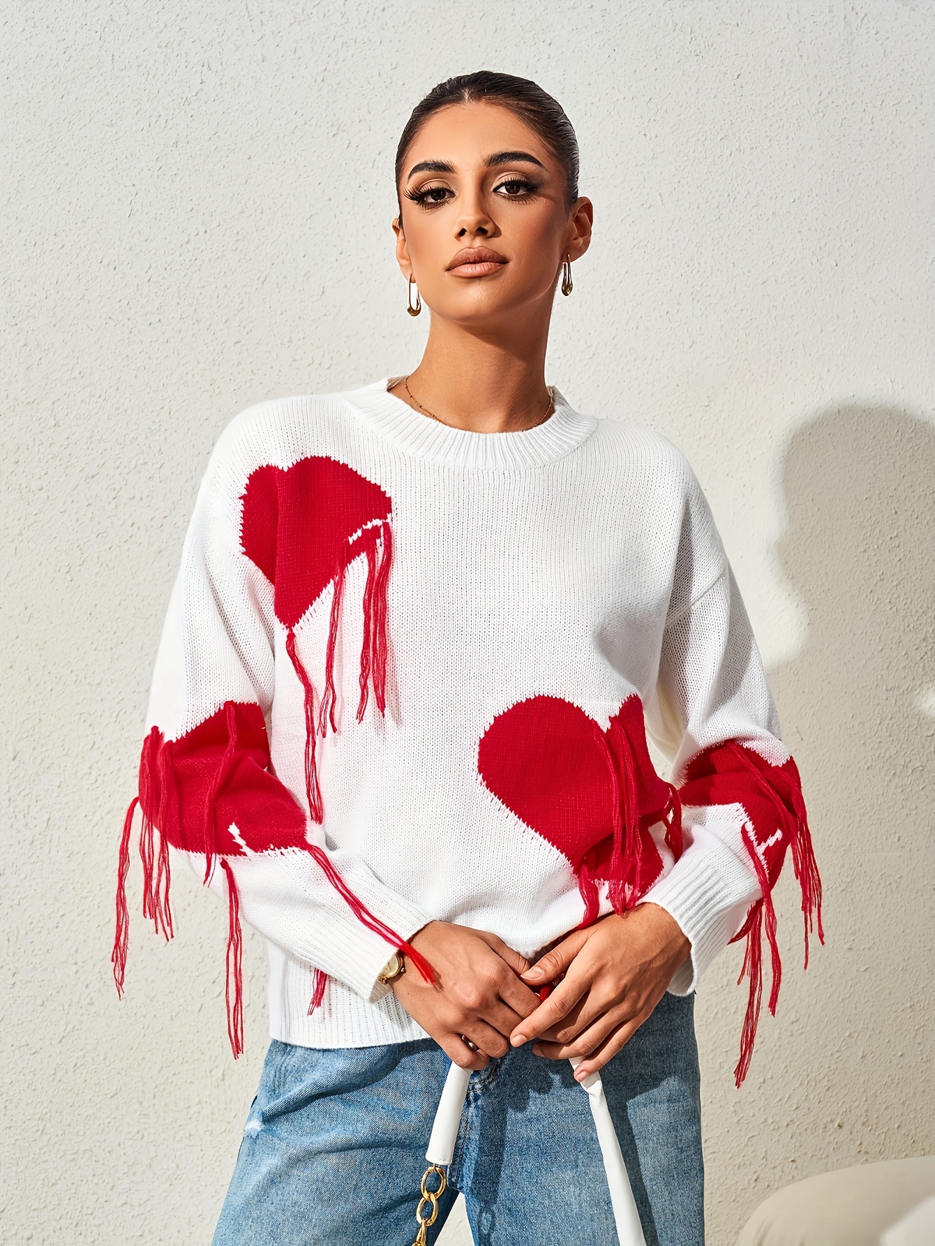 Heart Pattern Tassel Hem Sweater Elegant V Neck Long Sleeve - Temu