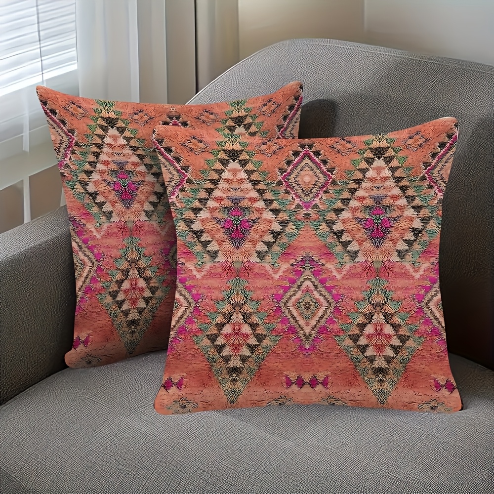 TEMU 2pcs Mid-century Modern Abstract Geometric Cushion Covers - Soft Plush Zipper Closure Pillowcases Suitable For Sofa, Bed, Office In Pink, Green,