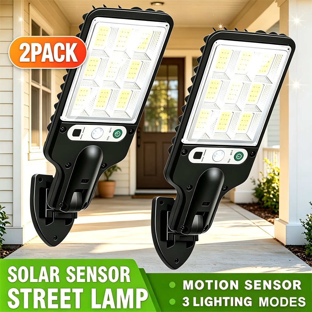 TEMU Lot de 2 lampadaires solaires d'extérieur avec détecteur de mouvement, applique murale solaire de sécurité 108 LED, 3 d'éclairage, mise /arrêt