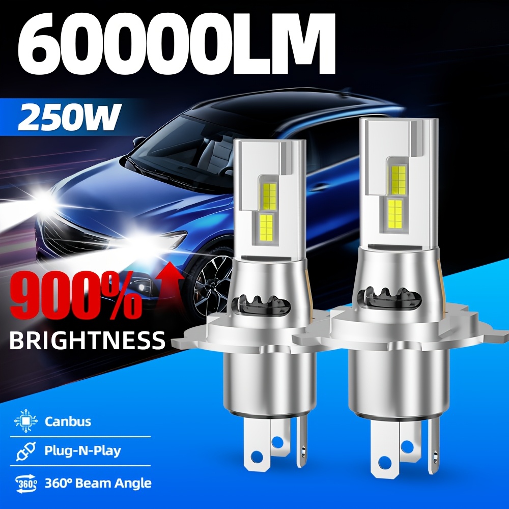 Комплект от 2 броя H4 H7 H11 9005/HB3 9006/HB4 H1 LED автомобилни крушки за дълги светлини, къси светлини или фарове за мъгла, с мощност 250W и яркост 60000LM, оборудвани със супер ярки 3570 CSP чипове, излъчващи 6000K бяла светлина, лесни за инсталиране, без батерия