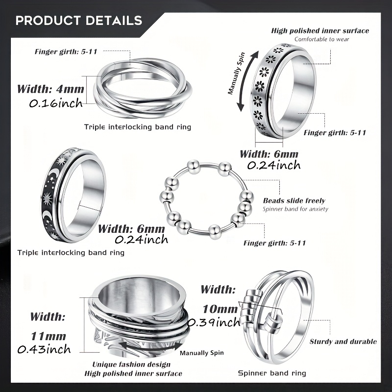 6pcs stainless steel spinner ring anti anxiety fidget rings for women men cool stress relieving spinning moon star rings to match   outfits Product details 6