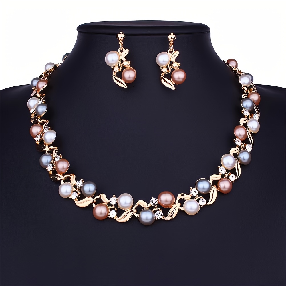 TEMU Elegant 3-piece Set Women's Multicolor Necklace And Earrings Set | Vintage And Luxury Style Bridal Accessories