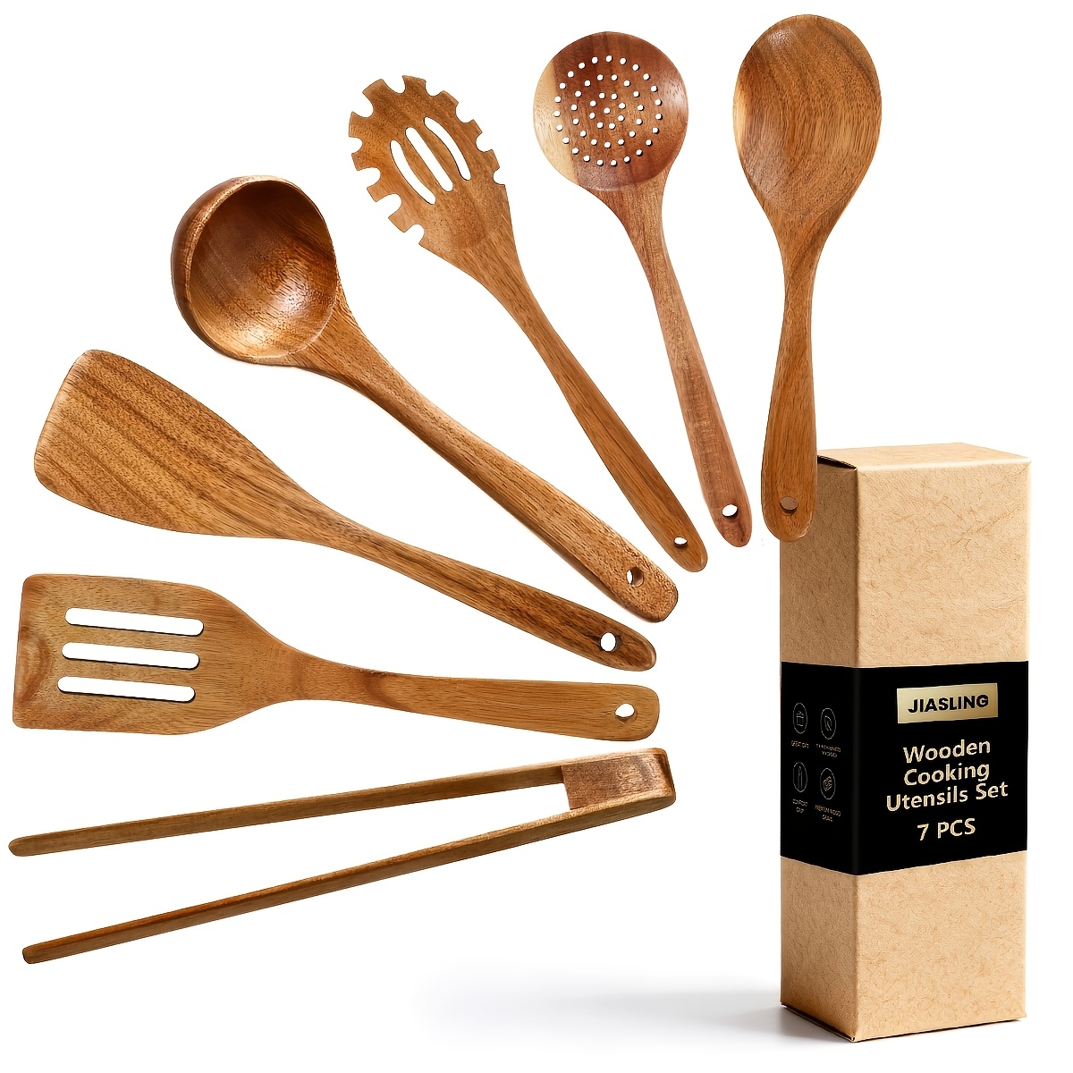 TEMU 3/5/7pcs Premium Wooden Kitchen Utensils Kit -ergonomic Handles Natural Wooden Spoons Ladle And Wok Spatulas Heavy-duty Wooden Utility Set For