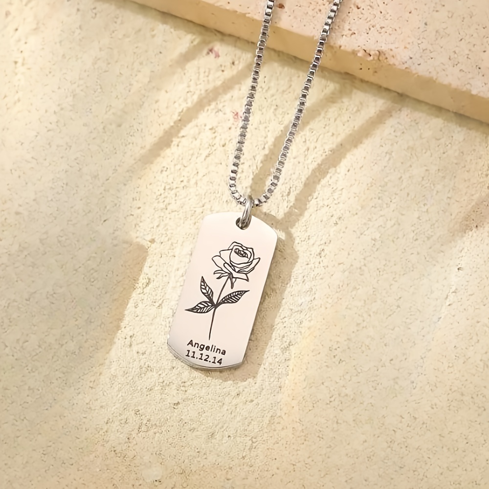 Personalized Name Engraved Birth Flower Necklace, Custom Gift